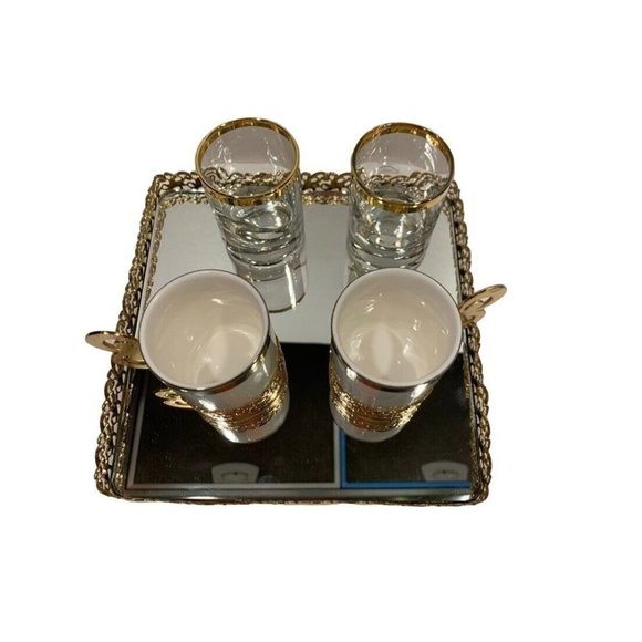 Turkish Gold Mirrored Tray Espresso Cups & Shot Glasses Ottoman Style Set For 2 - Picture 3 of 12